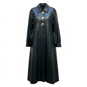 Womens Black Leather Long Trench Coat Gold Button‎ NOS Goth Matrix Steampunk